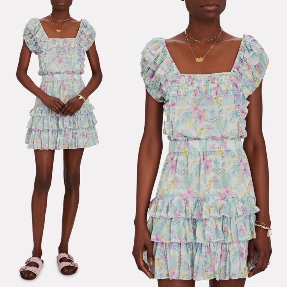 LoveShackFancy Ivoire Mini Dress Floral Boho Cottagecore Coquette Garden Blue XL